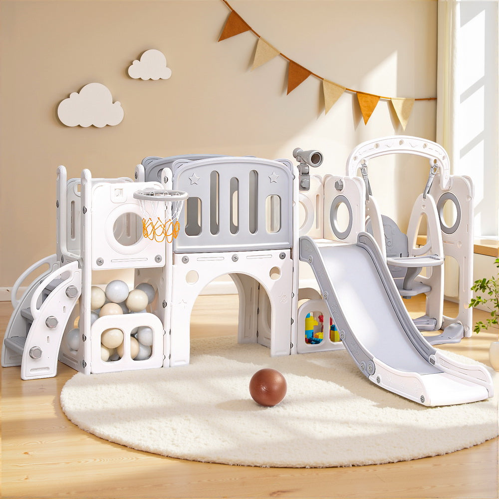 Keezi Kids Slide and Swing Set with Basketball Hoop 132cm - grey