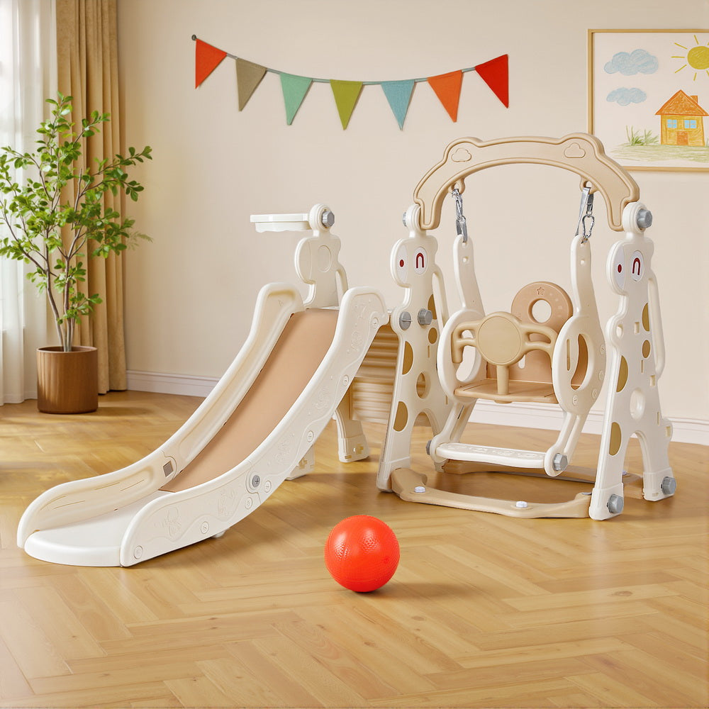 Keezi Kids Slide and Swing Set with Basketball Hoop for Outdoor Play 160cm - Beige