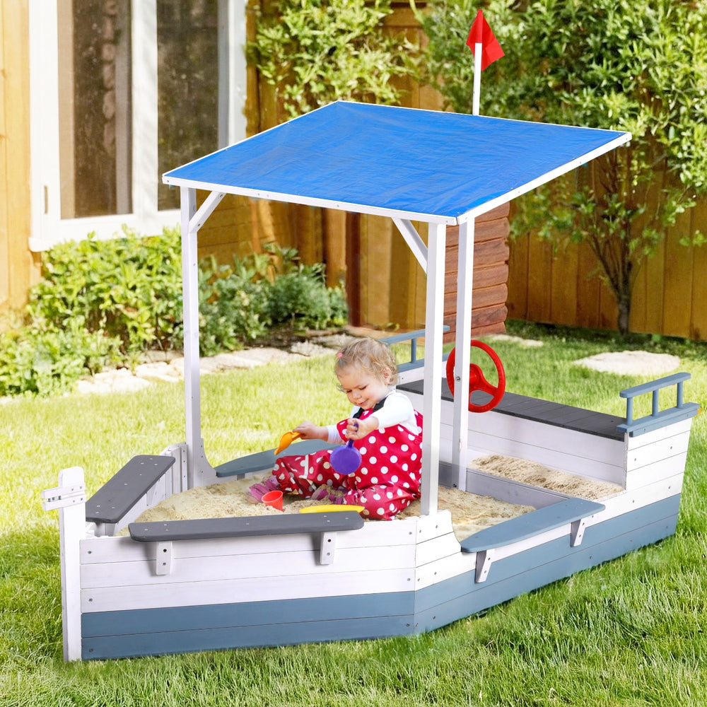 Keezi Kids Wooden Sandpit Boat with Canopy and Flag for Outdoor Play - Blue