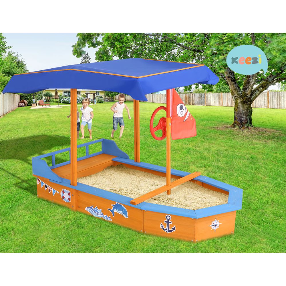 Keezi Kids Wooden Boat Sand Pit with Canopy & Bench 150cm