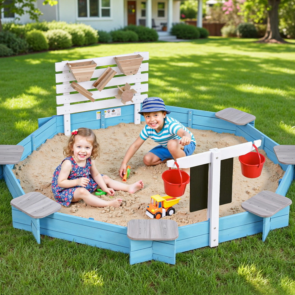 Keezi Kids Wooden Round Sand Pit with Cover Funnel and Bench 215cm