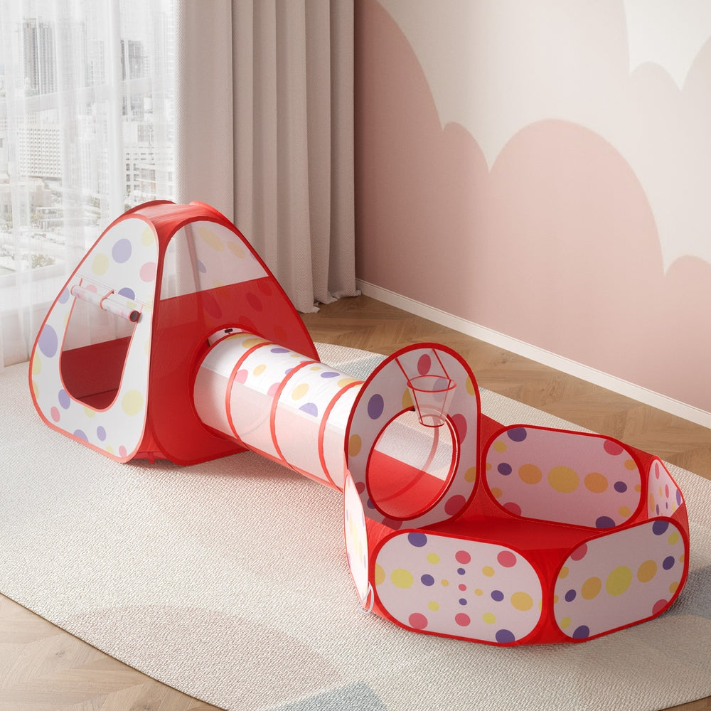 Keezi Kids Play Tent Pop Up with Teepee Ball Pit Tunnel and Basketball Hoop Red