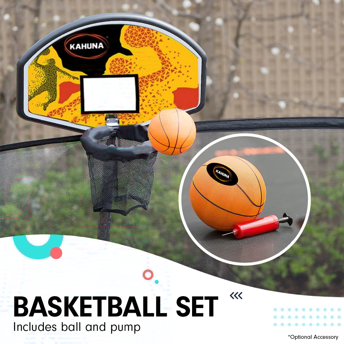 Outdoor Rectangular Rainbow Trampoline With Safety Enclosure And Basketball Hoop Set (Kahuna 8ft x 11ft)