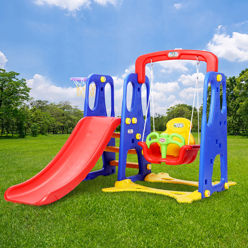 Keezi Kids Slide and Swing Set with Basketball Hoop for Outdoor Play 120cm - Blue