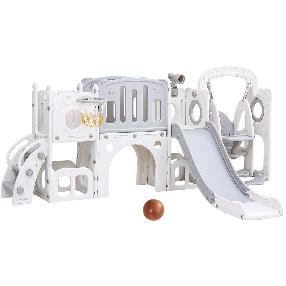 Keezi Kids Slide and Swing Set with Basketball Hoop 132cm - grey
