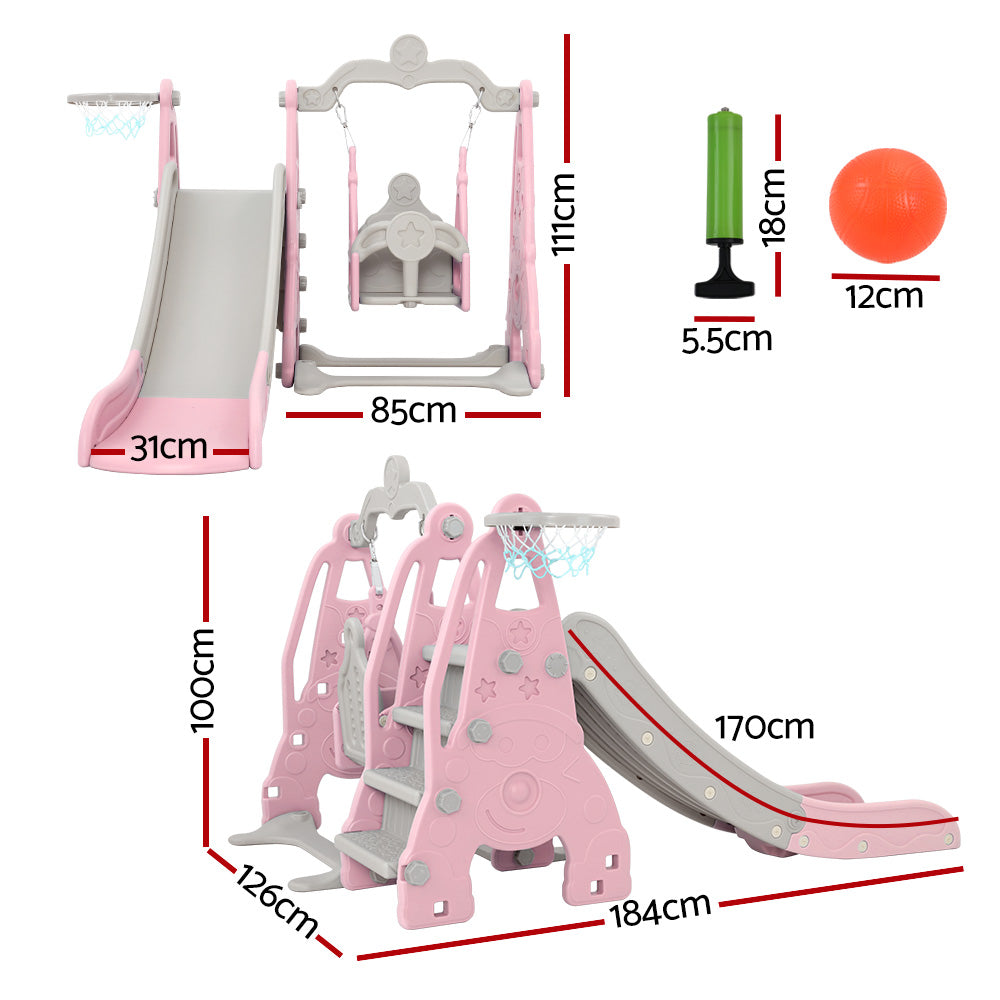 Keezi Kids Slide and Swing Set with Basketball Hoop for Outdoor Play 170cm - Pink