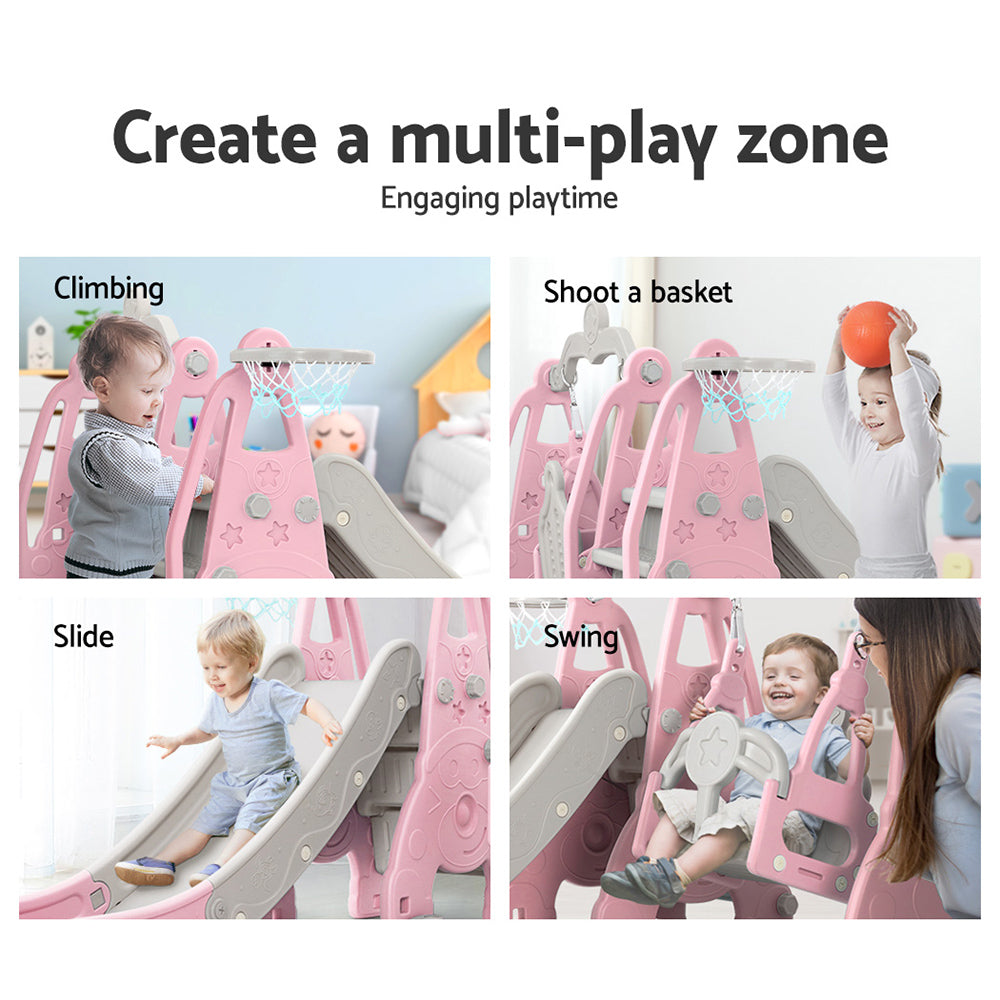 Keezi Kids Slide and Swing Set with Basketball Hoop for Outdoor Play 170cm - Pink