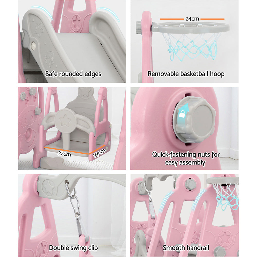 Keezi Kids Slide and Swing Set with Basketball Hoop for Outdoor Play 170cm - Pink