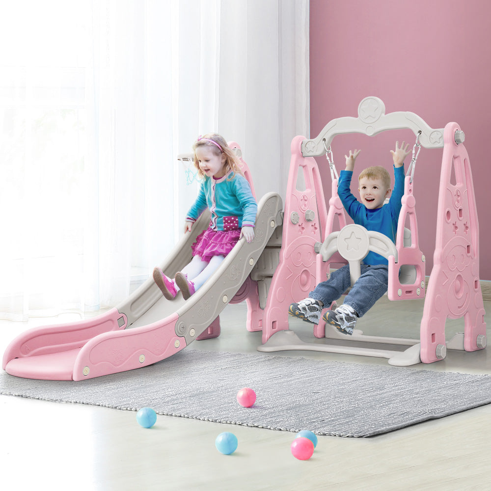 Keezi Kids Slide and Swing Set with Basketball Hoop for Outdoor Play 170cm - Pink