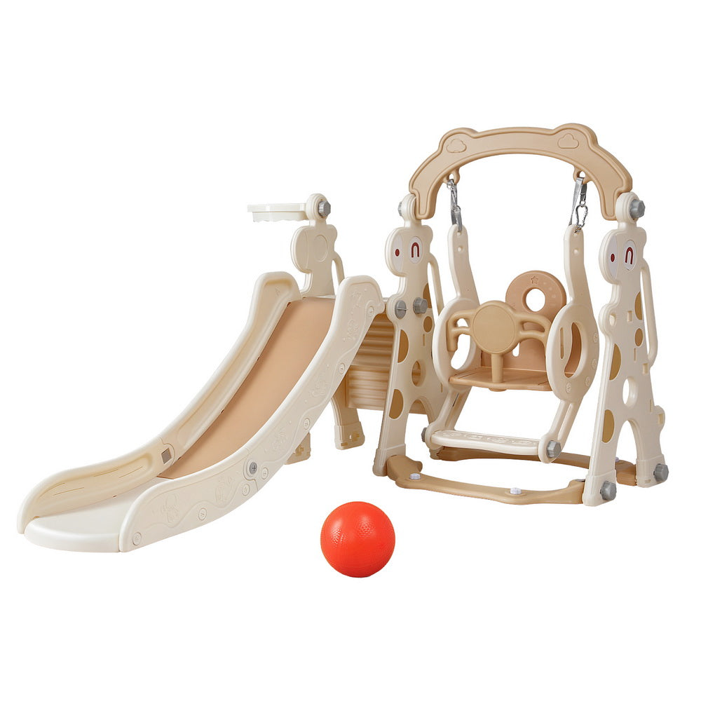 Keezi Kids Slide and Swing Set with Basketball Hoop for Outdoor Play 160cm - Beige