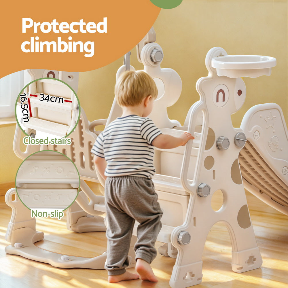 Keezi Kids Slide and Swing Set with Basketball Hoop for Outdoor Play 160cm - Beige