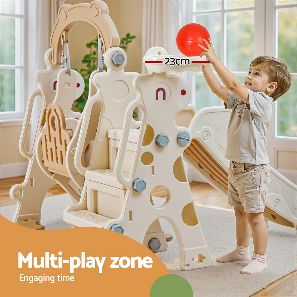 Keezi Kids Slide and Swing Set with Basketball Hoop for Outdoor Play 160cm - Beige