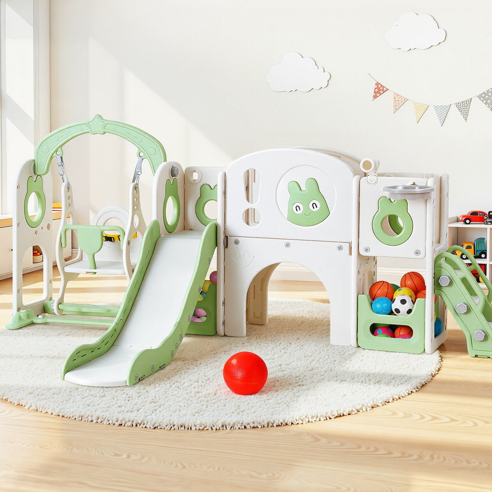 Keezi Kids Slide and Swing Set with Basketball Hoop 140cm - Green