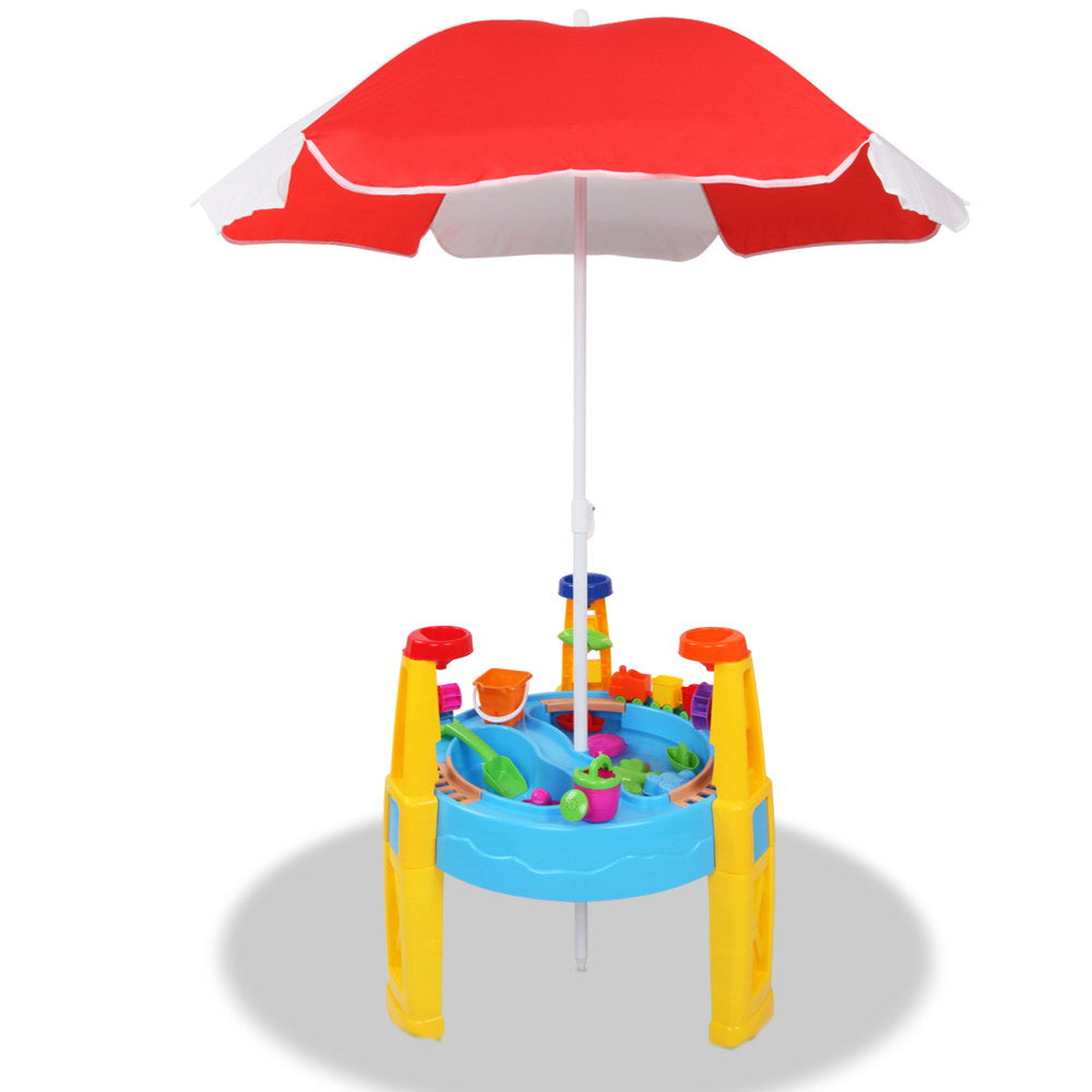 Keezi Kids Sandpit Pretend Play Set, Water Sand Table with Umbrella