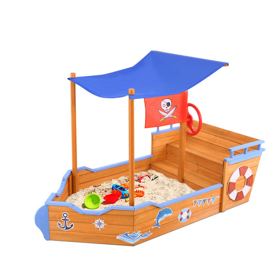 Keezi Kids Wooden Boat Sand Pit with Canopy & Bench 165cm