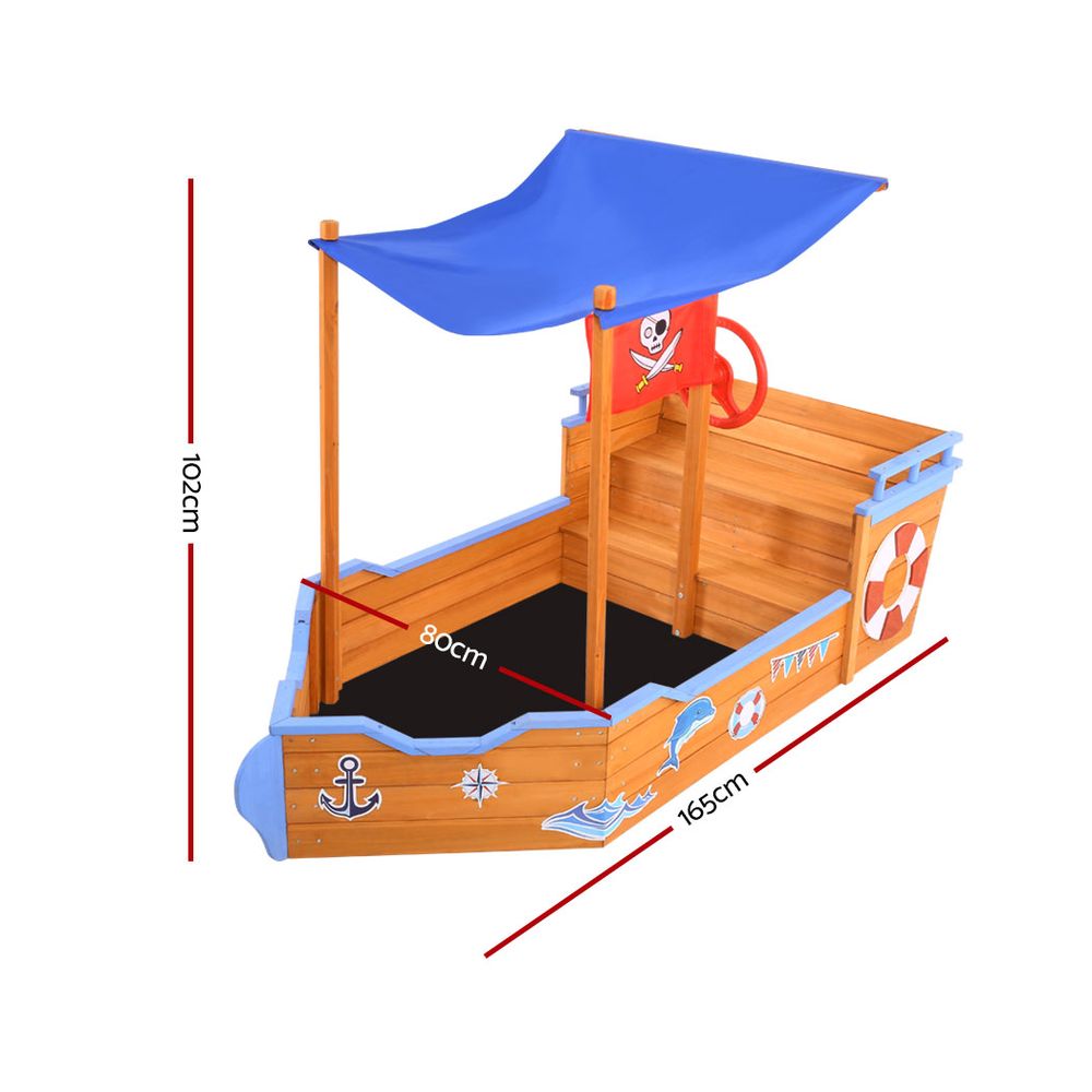 Keezi Kids Wooden Boat Sand Pit with Canopy & Bench 165cm