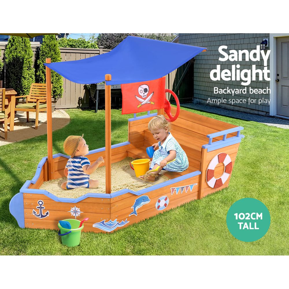 Keezi Kids Wooden Boat Sand Pit with Canopy & Bench 165cm