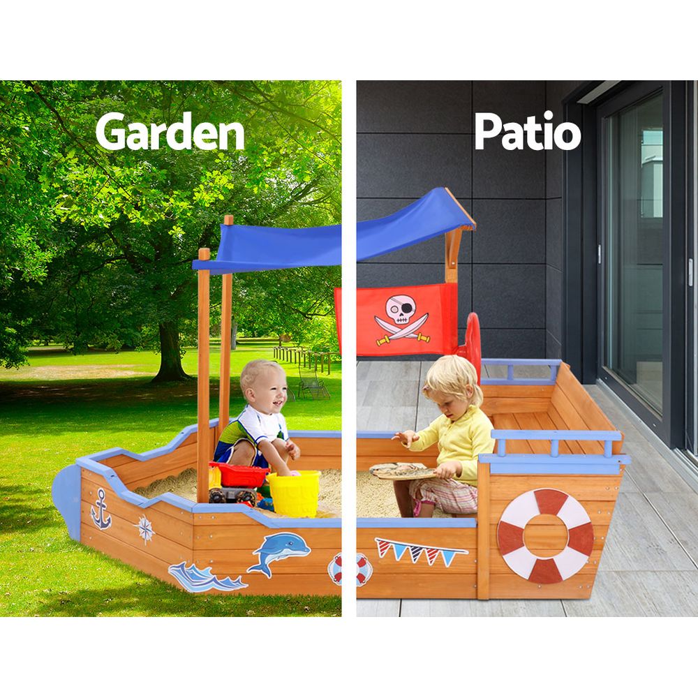 Keezi Kids Wooden Boat Sand Pit with Canopy & Bench 165cm