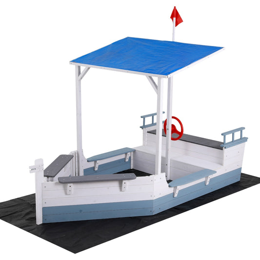 Keezi Kids Wooden Sandpit Boat with Canopy and Flag for Outdoor Play - Blue