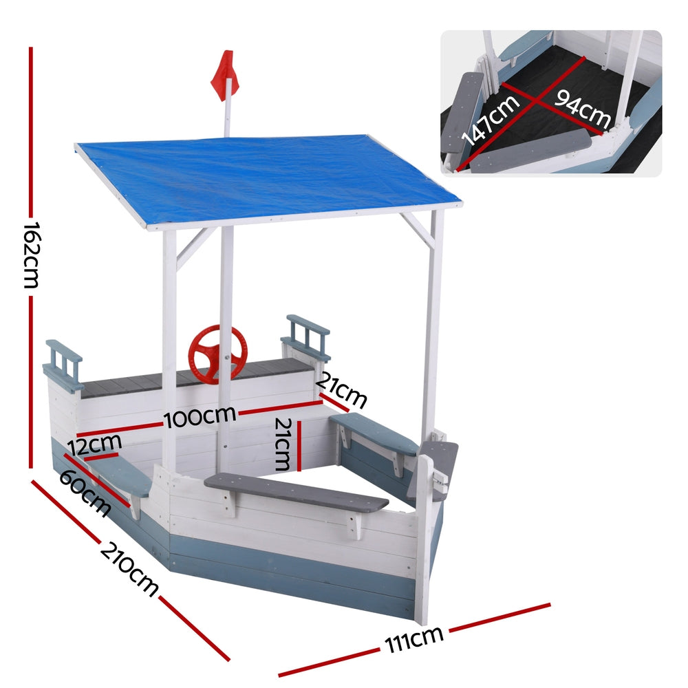 Keezi Kids Wooden Sandpit Boat with Canopy and Flag for Outdoor Play - Blue