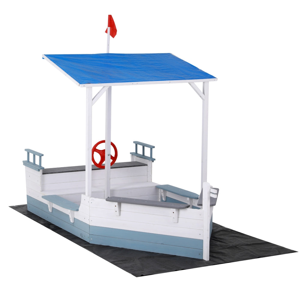 Keezi Kids Wooden Sandpit Boat with Canopy and Flag for Outdoor Play - Blue