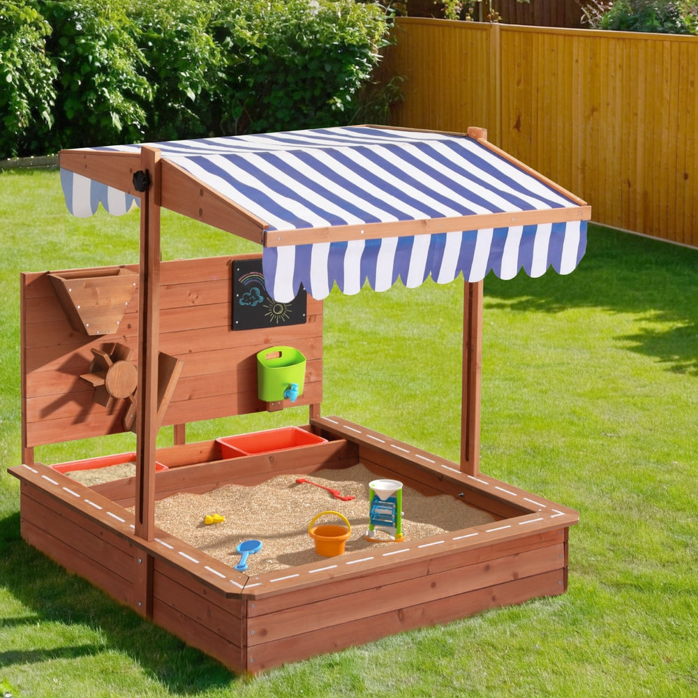 Keezi Kids Wooden Sandpit with Canopy and Cover Funnel 110cm
