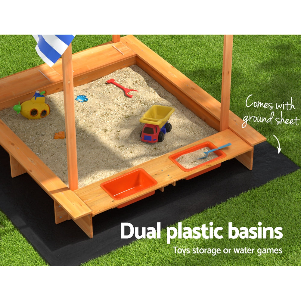 Keezi Kids Wooden Sand Pit with Canopy & Water Basin 146cm