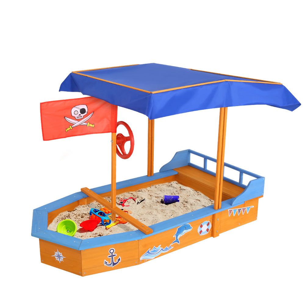 Keezi Kids Wooden Boat Sand Pit with Canopy & Bench 150cm