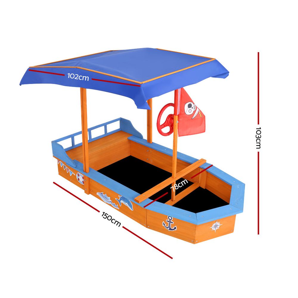 Keezi Kids Wooden Boat Sand Pit with Canopy & Bench 150cm