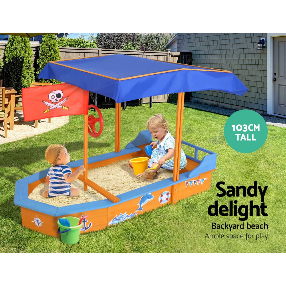 Keezi Kids Wooden Boat Sand Pit with Canopy & Bench 150cm