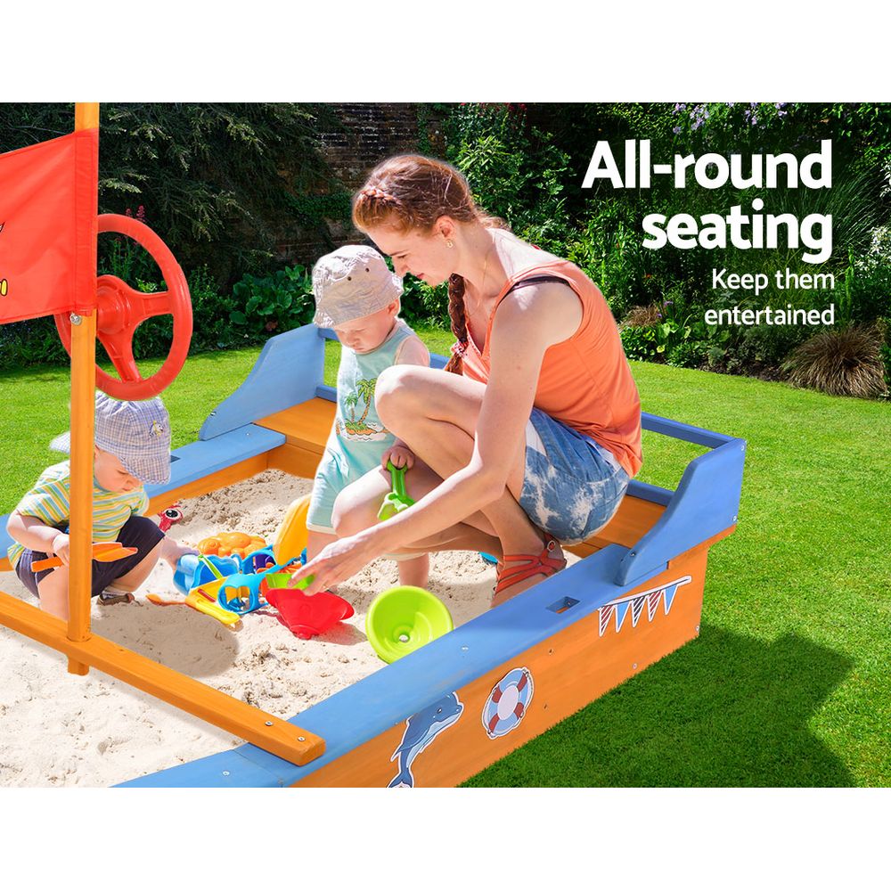 Keezi Kids Wooden Boat Sand Pit with Canopy & Bench 150cm