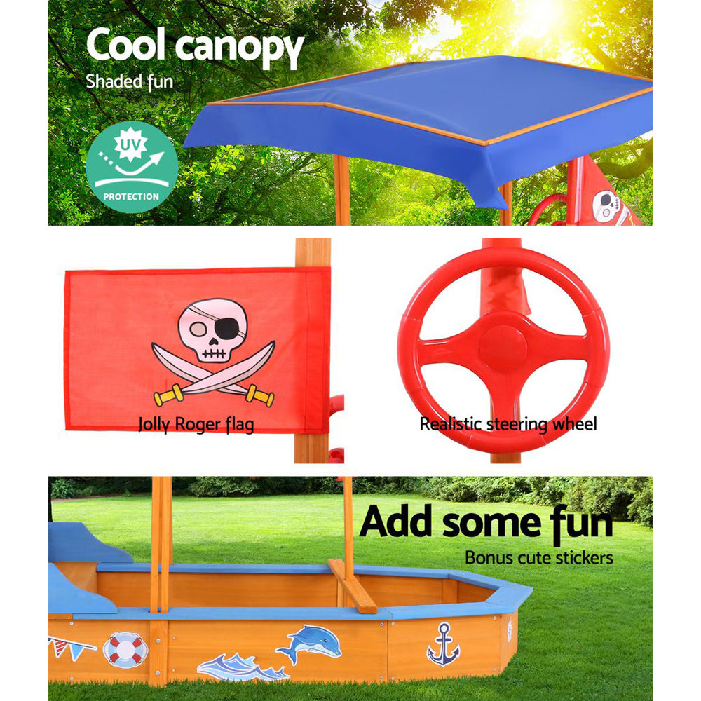 Keezi Kids Wooden Boat Sand Pit with Canopy & Bench 150cm