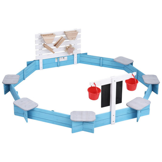 Keezi Kids Wooden Round Sand Pit with Cover Funnel and Bench 215cm