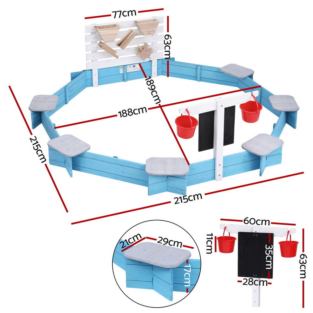 Keezi Kids Wooden Round Sand Pit with Cover Funnel and Bench 215cm