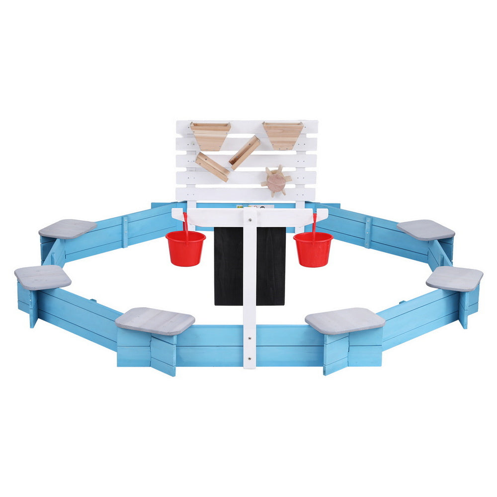 Keezi Kids Wooden Round Sand Pit with Cover Funnel and Bench 215cm