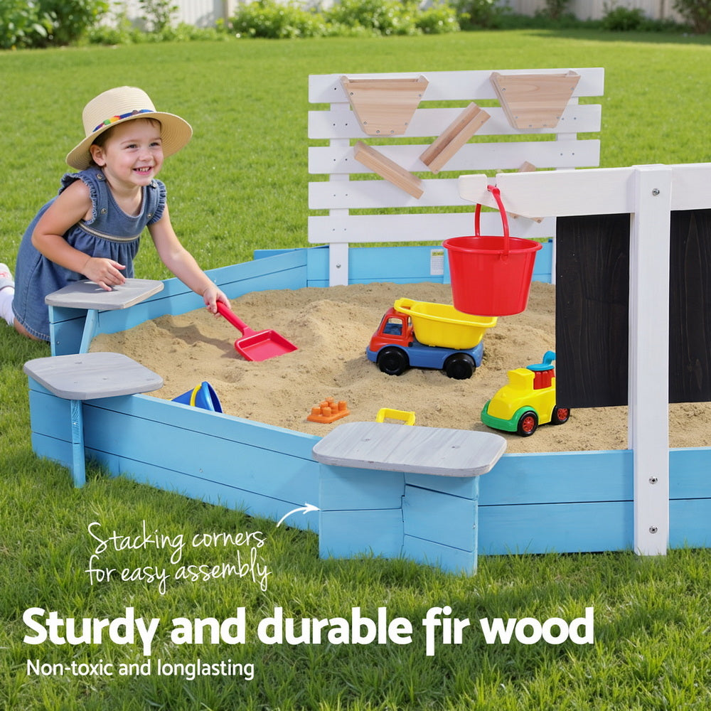 Keezi Kids Wooden Round Sand Pit with Cover Funnel and Bench 215cm