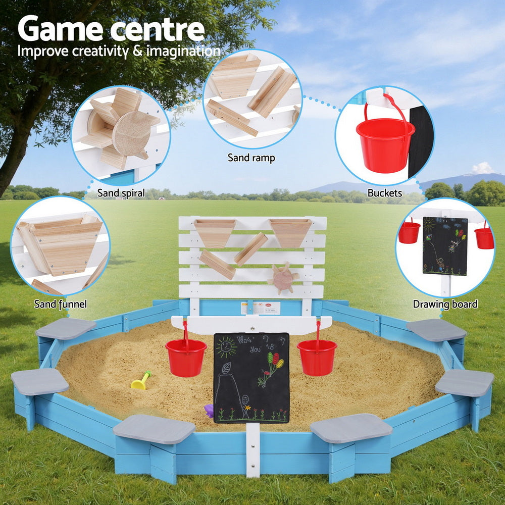 Keezi Kids Wooden Round Sand Pit with Cover Funnel and Bench 215cm