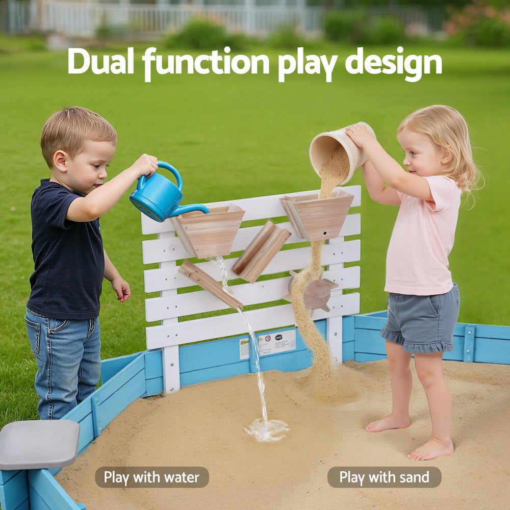 Keezi Kids Wooden Round Sand Pit with Cover Funnel and Bench 215cm