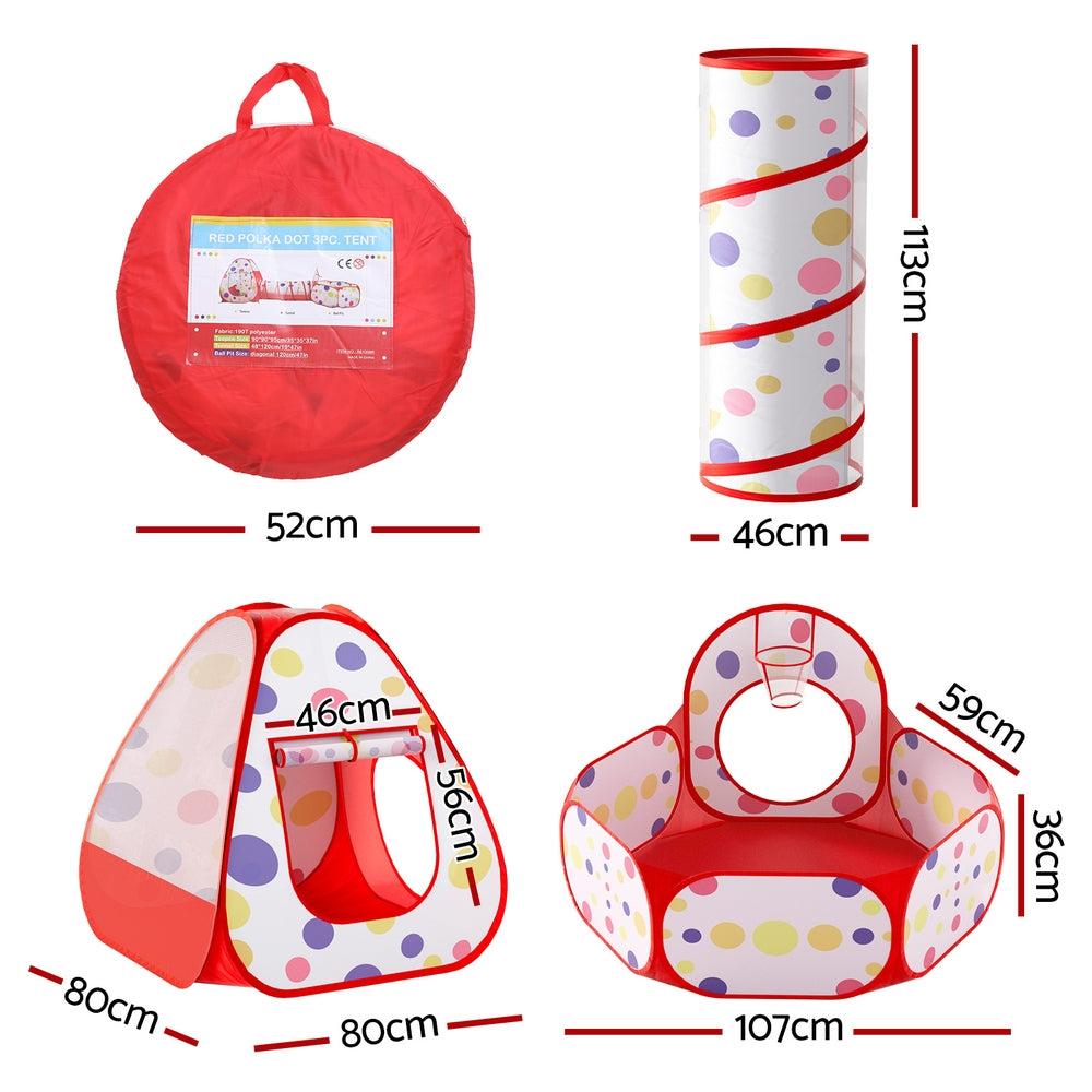 Keezi Kids Play Tent Pop Up with Teepee Ball Pit Tunnel and Basketball Hoop Red