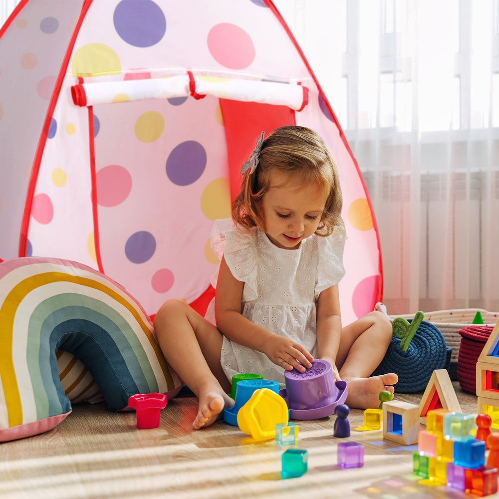 Keezi Kids Play Tent Pop Up with Teepee Ball Pit Tunnel and Basketball Hoop Red
