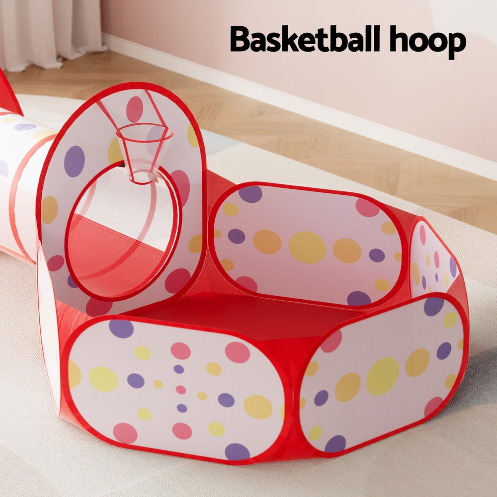Keezi Kids Play Tent Pop Up with Teepee Ball Pit Tunnel and Basketball Hoop Red