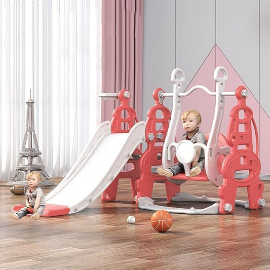 Kids Slide and Swing Set for Outdoor Play with Basketball Hoop - Pink