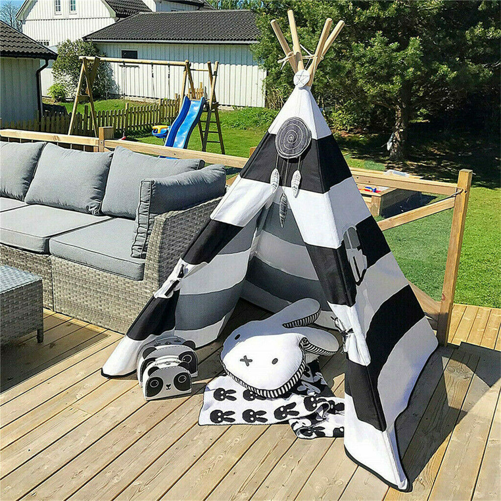 Kids Teepee Tent Linen Wood Black White Stripe Playhouse