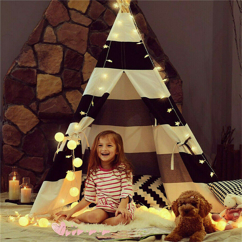 Kids Teepee Tent Linen Wood Black White Stripe Playhouse