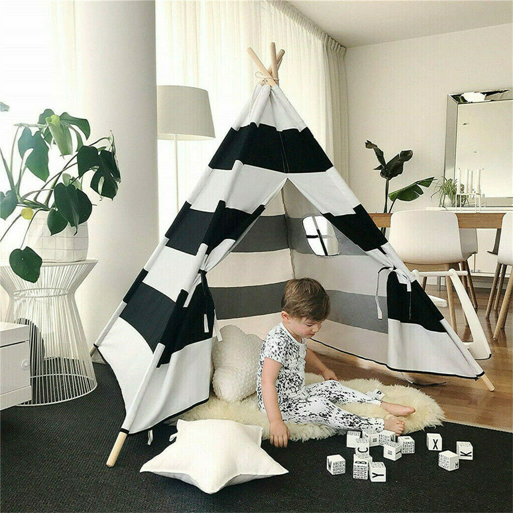 Kids Teepee Tent Linen Wood Black White Stripe Playhouse