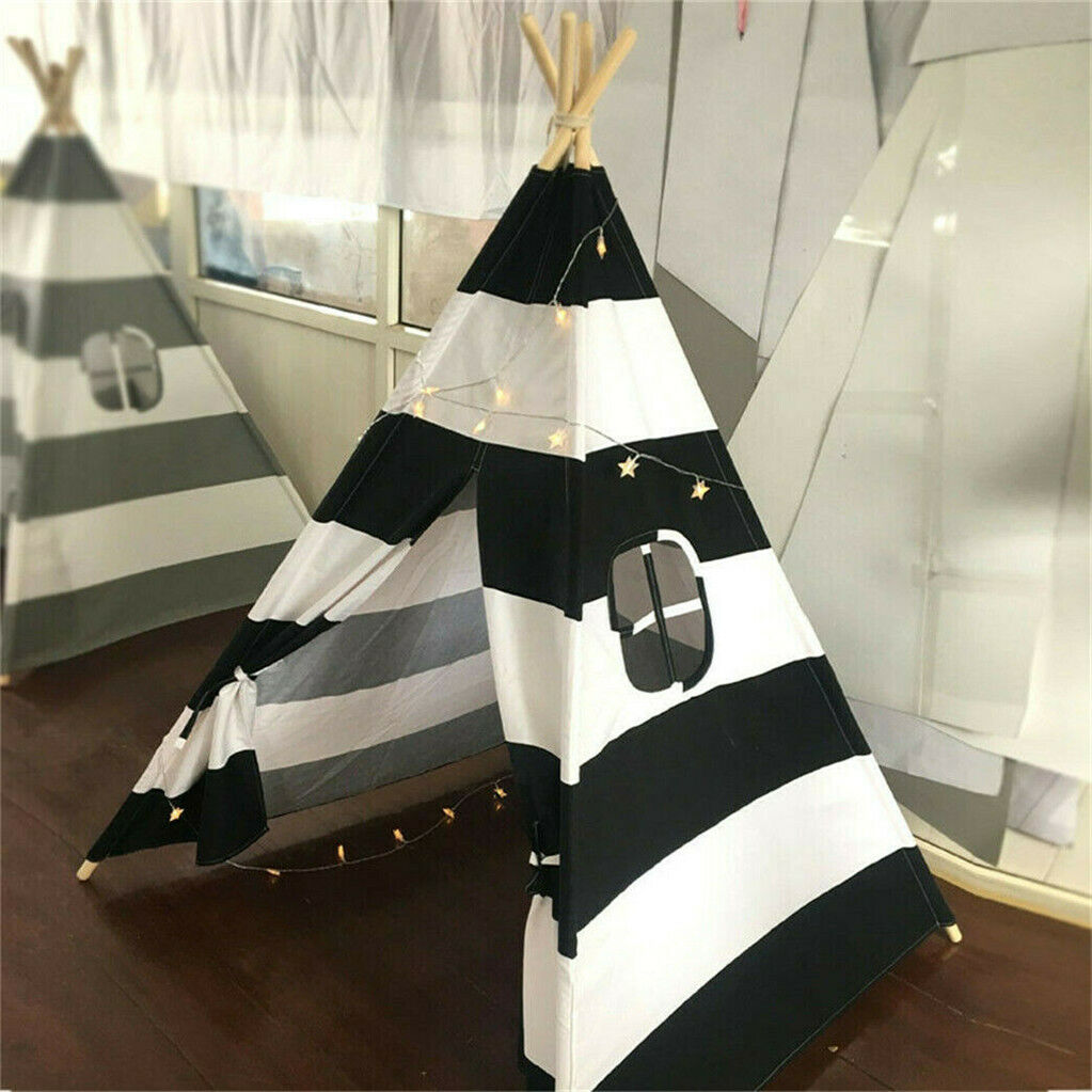 Kids Teepee Tent Linen Wood Black White Stripe Playhouse