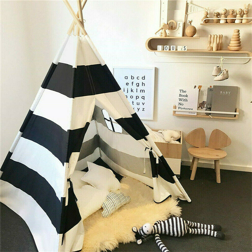 Kids Teepee Tent Linen Wood Black White Stripe Playhouse