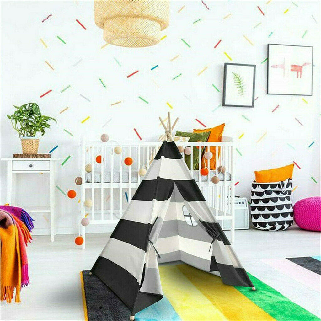 Kids Teepee Tent Linen Wood Black White Stripe Playhouse
