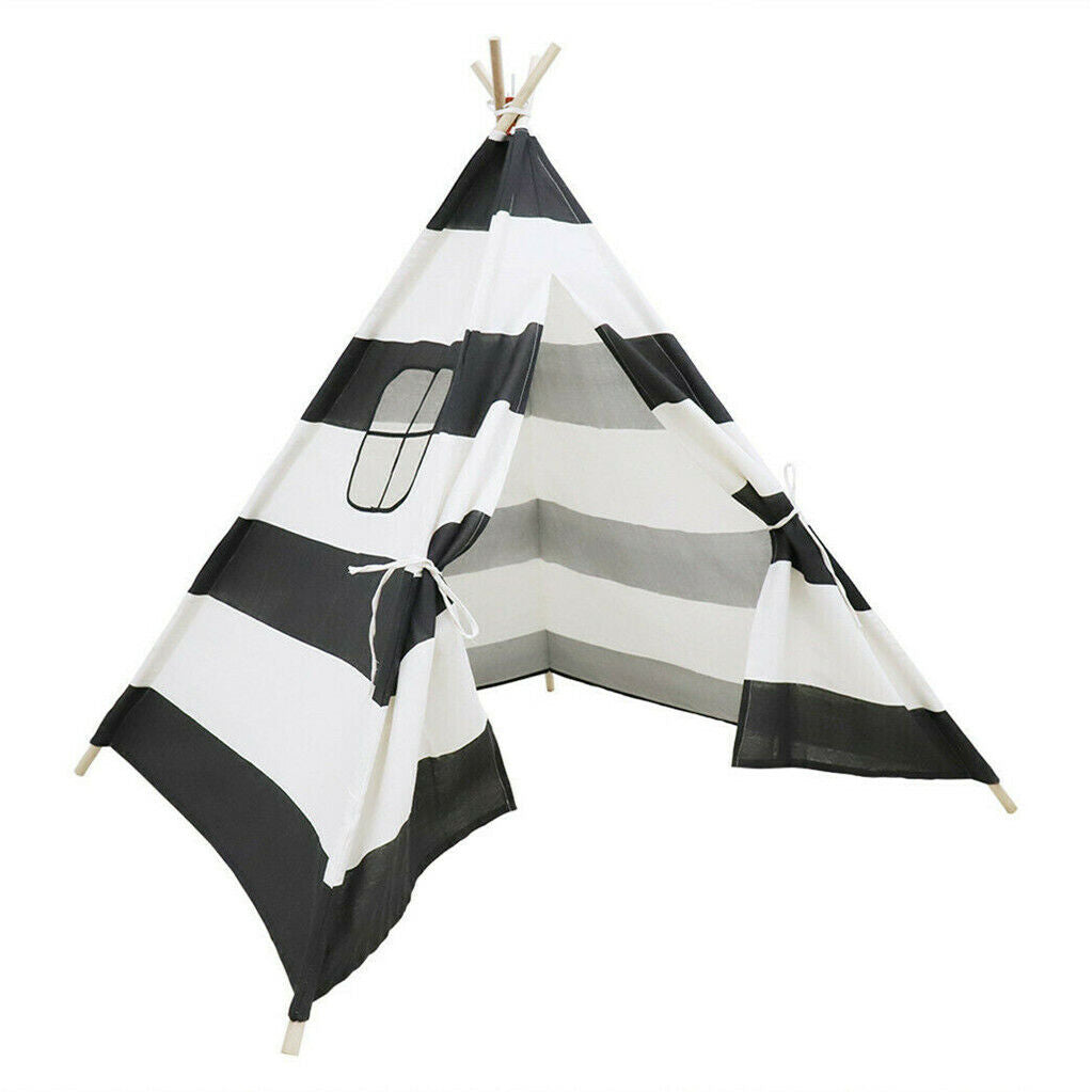 Kids Teepee Tent Linen Wood Black White Stripe Playhouse