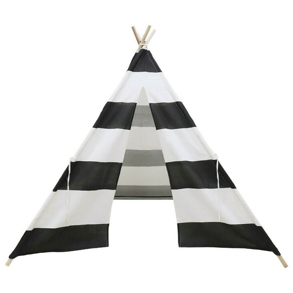 Kids Teepee Tent Linen Wood Black White Stripe Playhouse